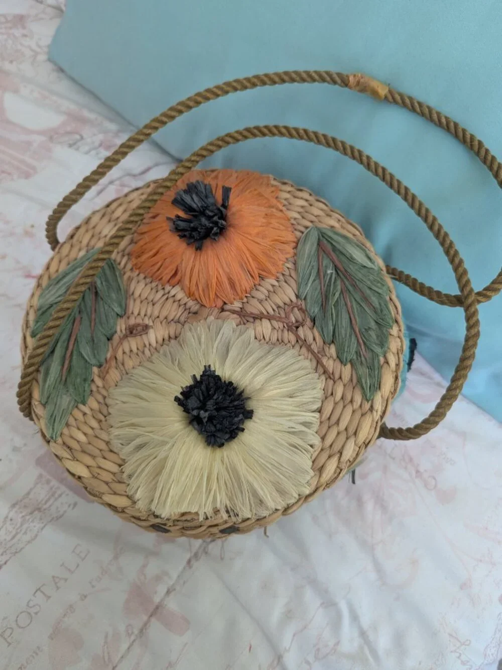 Vintage Floral Wicker And Straw Purse By Ponces Creations Philippines, 50's-60's - Picture 3 of 15